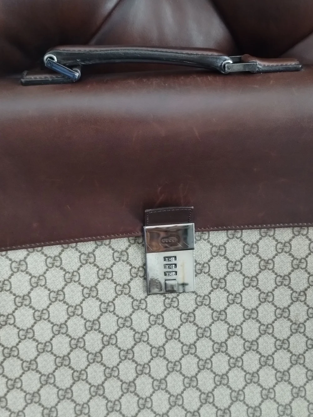 Gucci Brown Leather & Beige GG Monogram Briefcase